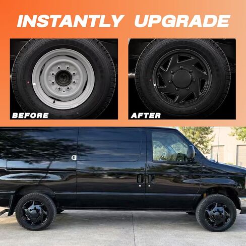 16 Inch Hubcaps Compatible with 1992-2014 Ford E150 E250 E350 Van, Gloss Black Wheel Covers for Factory 8 Lug Steel Wheels, F8UZ-1130-AA Replacement, Snap-On Hubcap Set of 4 (Black) in Saudi Arabia