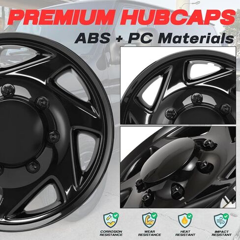 16 Inch Hubcaps Compatible with 1992-2014 Ford E150 E250 E350 Van, Gloss Black Wheel Covers for Factory 8 Lug Steel Wheels, F8UZ-1130-AA Replacement, Snap-On Hubcap Set of 4 (Black) in Saudi Arabia