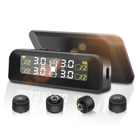 Tire Pressure Monitoring System, Tire Pressure Monitor Installed on Windowshield, Solar Powered TPMS with 4 External Sensors, Real-time Display Tire Pressure Temperature, TPMS for Car Sedan RV SUV in Kuwait