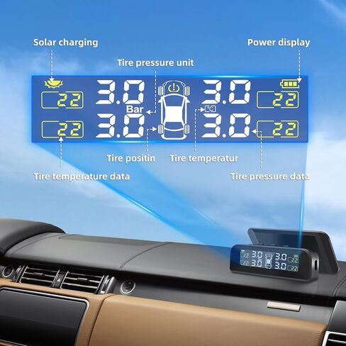 Tire Pressure Monitoring System, Tire Pressure Monitor Installed on Windowshield, Solar Powered TPMS with 4 External Sensors, Real-time Display Tire Pressure Temperature, TPMS for Car Sedan RV SUV in Kuwait