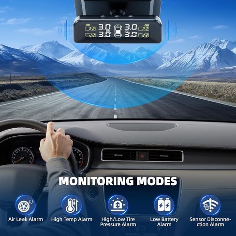 Tire Pressure Monitoring System, Tire Pressure Monitor Installed on Windowshield, Solar Powered TPMS with 4 External Sensors, Real-time Display Tire Pressure Temperature, TPMS for Car Sedan RV SUV in Kuwait