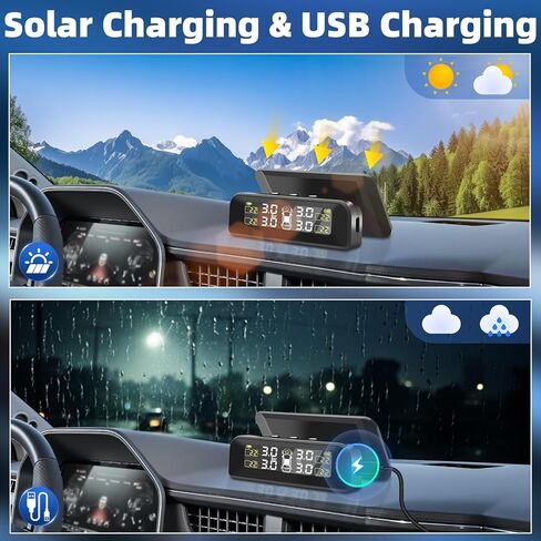 Tire Pressure Monitoring System, Tire Pressure Monitor Installed on Windowshield, Solar Powered TPMS with 4 External Sensors, Real-time Display Tire Pressure Temperature, TPMS for Car Sedan RV SUV in Kuwait