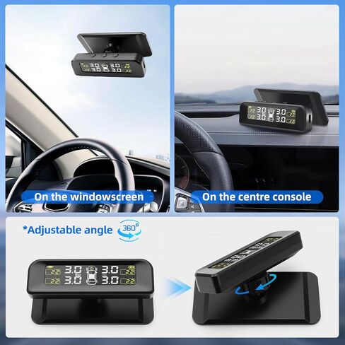 Tire Pressure Monitoring System, Tire Pressure Monitor Installed on Windowshield, Solar Powered TPMS with 4 External Sensors, Real-time Display Tire Pressure Temperature, TPMS for Car Sedan RV SUV in Kuwait