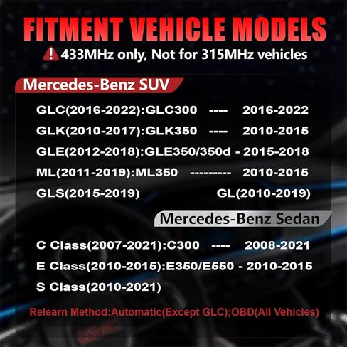 مستشعر TPMS مبرمج مسبقًا 433 ميجا هرتز لمرسيدس بنز 2016-2022 GLC300 | 2008-2021 C300 | 2015-2018 GLE350/350d | 2010-2015 ML350، E350/550، GLK350 | GLC/GLK,C,GLE/ML,E,GLS/GL,S Class-OE#A0009050030(4 قطع) in Kuwait