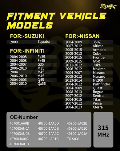 مستشعر Oktiger 315 ميجا هرتز TPMS مبرمج مسبقًا مناسب لنيسان فرونتير 2004-2015، سينترا 2007-2012، فيرسا 2007-2012، تيتان 2004-2015، Nv200 2013-2014 مورانو كويست، لإنفينيتي Fx35 M35، OE#40700-CD001 in Kuwait