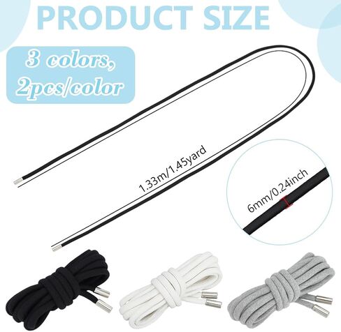 BENECREAT 6PCS Drawstring Cords Replacement, 3 Colors Round Hoodie Drawstring, Durable Cotton Drawstring for Shoes Lace Making Pants Sweatshirt Jackets Coats (52 Inch) Black & White & Gray in Kuwait