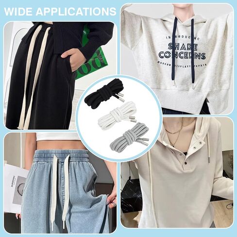 BENECREAT 6PCS Drawstring Cords Replacement, 3 Colors Round Hoodie Drawstring, Durable Cotton Drawstring for Shoes Lace Making Pants Sweatshirt Jackets Coats (52 Inch) Black & White & Gray in Kuwait