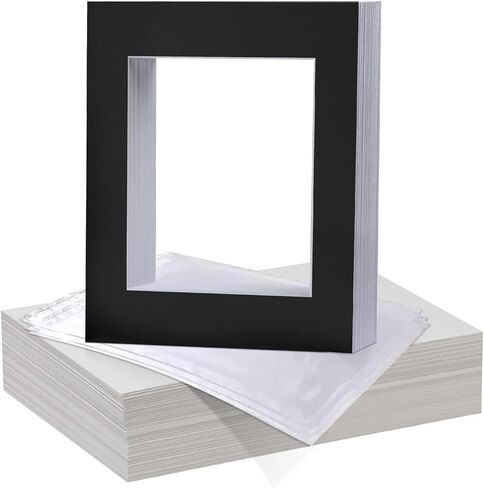 سجادات iFrame سوداء مقطوعة مسبقًا مقاس 11 × 14 بوصة مع قطع مشطوفة كريمية خفيفة + ألواح دعم + أكياس بلاستيكية شفافة شفافة لألبوم صور خالٍ من الأحماض مقاس 8 × 10 بوصة (عبوة من 25 قطعة) in Kuwait