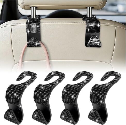 HZEL Bling Car Seat Headrest Hooks, 4PCS Crystal Rhinestone Vehicle Seat Back Hanger Holder for Purses Bag Handbags, Diamond Headrest Storage Organizer, Universal Auto Accessories (Black) in Kuwait