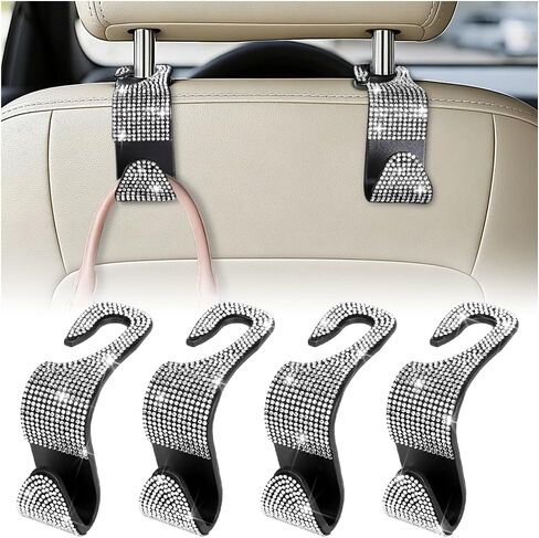 HZEL Bling Car Seat Headrest Hooks, 4PCS Crystal Rhinestone Vehicle Seat Back Hanger Holder for Purses Bag Handbags, Diamond Headrest Storage Organizer, Universal Auto Accessories (Black) in Kuwait
