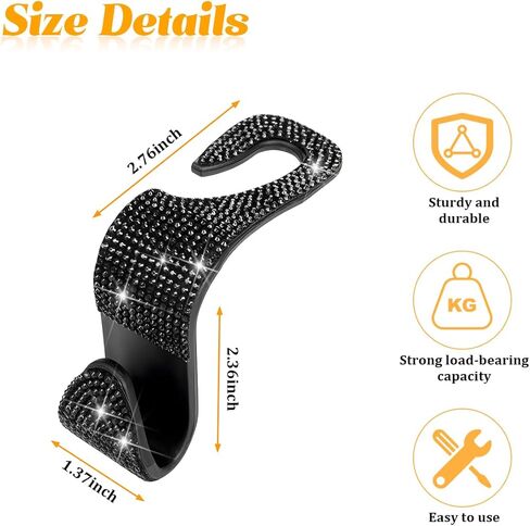 HZEL Bling Car Seat Headrest Hooks, 4PCS Crystal Rhinestone Vehicle Seat Back Hanger Holder for Purses Bag Handbags, Diamond Headrest Storage Organizer, Universal Auto Accessories (Black) in Kuwait