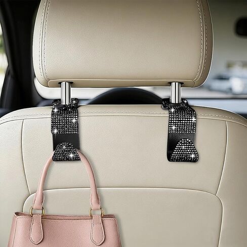 HZEL Bling Car Seat Headrest Hooks, 4PCS Crystal Rhinestone Vehicle Seat Back Hanger Holder for Purses Bag Handbags, Diamond Headrest Storage Organizer, Universal Auto Accessories (Black) in Kuwait