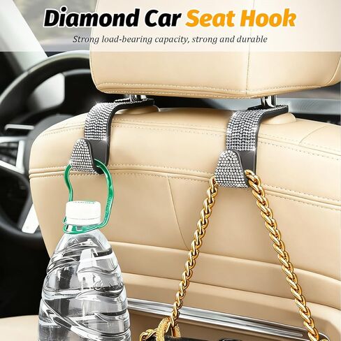 HZEL Bling Car Seat Headrest Hooks, 4PCS Crystal Rhinestone Vehicle Seat Back Hanger Holder for Purses Bag Handbags, Diamond Headrest Storage Organizer, Universal Auto Accessories (Black) in Kuwait