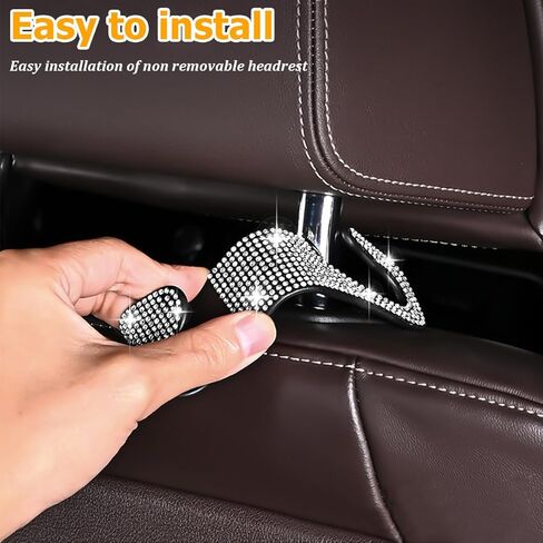 HZEL Bling Car Seat Headrest Hooks, 4PCS Crystal Rhinestone Vehicle Seat Back Hanger Holder for Purses Bag Handbags, Diamond Headrest Storage Organizer, Universal Auto Accessories (Black) in Kuwait