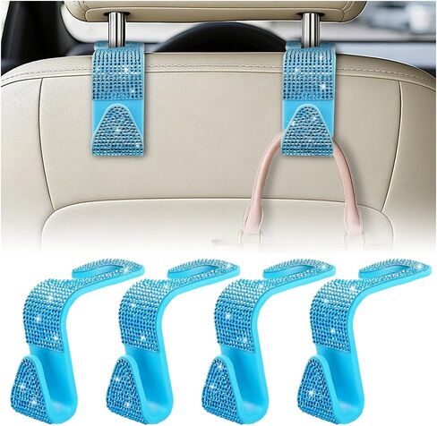 HZEL Bling Car Seat Headrest Hooks, 4PCS Crystal Rhinestone Vehicle Seat Back Hanger Holder for Purses Bag Handbags, Diamond Headrest Storage Organizer, Universal Auto Accessories (Black) in Kuwait