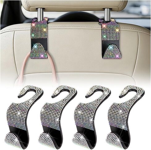 HZEL Bling Car Seat Headrest Hooks, 4PCS Crystal Rhinestone Vehicle Seat Back Hanger Holder for Purses Bag Handbags, Diamond Headrest Storage Organizer, Universal Auto Accessories (Black) in Kuwait