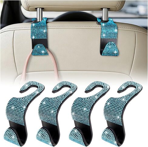 HZEL Bling Car Seat Headrest Hooks, 4PCS Crystal Rhinestone Vehicle Seat Back Hanger Holder for Purses Bag Handbags, Diamond Headrest Storage Organizer, Universal Auto Accessories (Black) in Kuwait
