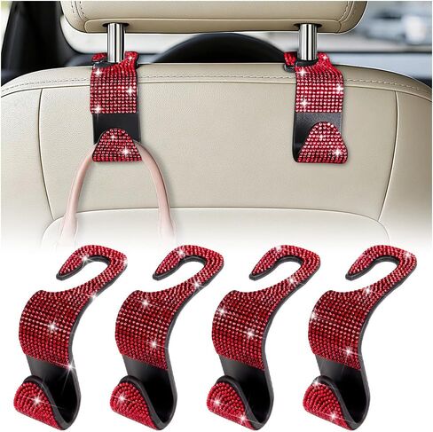 HZEL Bling Car Seat Headrest Hooks, 4PCS Crystal Rhinestone Vehicle Seat Back Hanger Holder for Purses Bag Handbags, Diamond Headrest Storage Organizer, Universal Auto Accessories (Black) in Kuwait