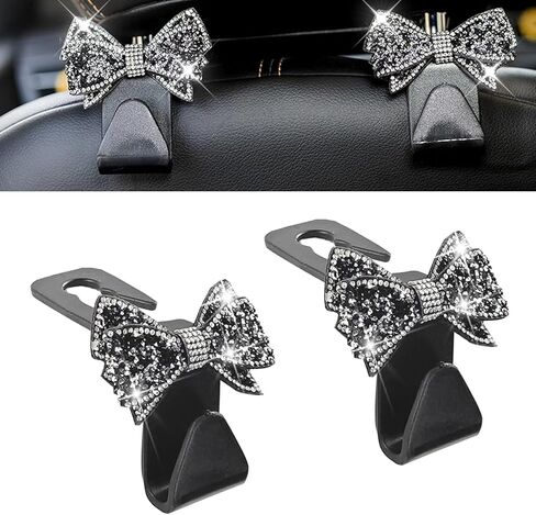 2PCS Bling Car Seat Headrest Hooks, Cute Diamond Bow Car Purse Hook, Crystal Rhinestone Vehicle Backseat Storage Hooks for Purses and Bags, Universal for SUV, Sedan, Truck (Black) in Kuwait