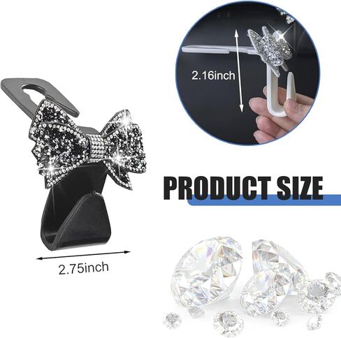 2PCS Bling Car Seat Headrest Hooks, Cute Diamond Bow Car Purse Hook, Crystal Rhinestone Vehicle Backseat Storage Hooks for Purses and Bags, Universal for SUV, Sedan, Truck (Black) in Kuwait