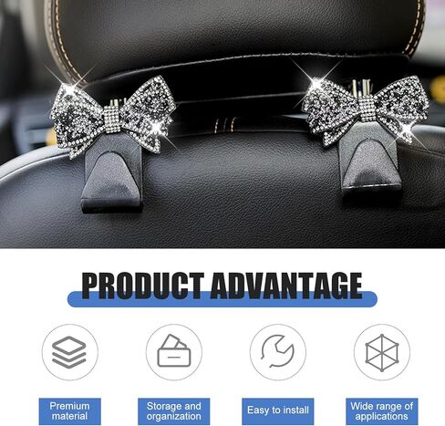 2PCS Bling Car Seat Headrest Hooks, Cute Diamond Bow Car Purse Hook, Crystal Rhinestone Vehicle Backseat Storage Hooks for Purses and Bags, Universal for SUV, Sedan, Truck (Black) in Kuwait