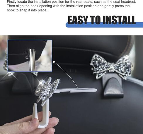 2PCS Bling Car Seat Headrest Hooks, Cute Diamond Bow Car Purse Hook, Crystal Rhinestone Vehicle Backseat Storage Hooks for Purses and Bags, Universal for SUV, Sedan, Truck (Black) in Kuwait