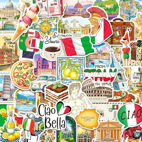 Italy Stickers 200 Pcs, Italy Travel Sticker Pack with 100 Unique Designs, Waterproof Vinyl Decals for Laptops, Water Bottles, Scrapbooks, Luggage, Italian Party Favors in Saudi Arabia