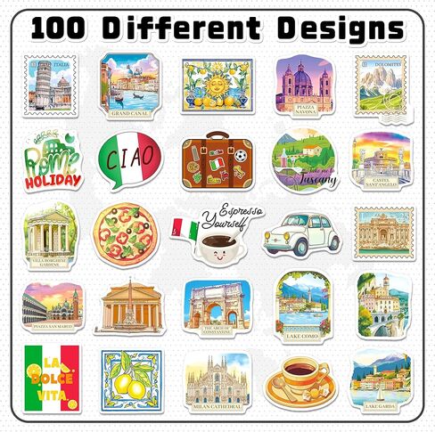 Italy Stickers 200 Pcs, Italy Travel Sticker Pack with 100 Unique Designs, Waterproof Vinyl Decals for Laptops, Water Bottles, Scrapbooks, Luggage, Italian Party Favors in Saudi Arabia