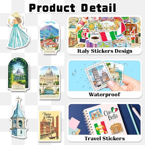 Italy Stickers 200 Pcs, Italy Travel Sticker Pack with 100 Unique Designs, Waterproof Vinyl Decals for Laptops, Water Bottles, Scrapbooks, Luggage, Italian Party Favors in Saudi Arabia