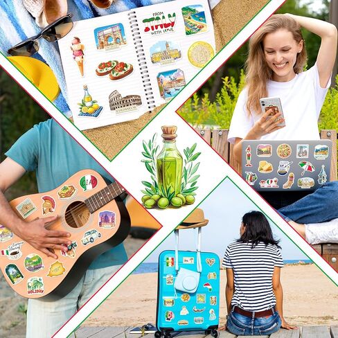 Italy Stickers 200 Pcs, Italy Travel Sticker Pack with 100 Unique Designs, Waterproof Vinyl Decals for Laptops, Water Bottles, Scrapbooks, Luggage, Italian Party Favors in Saudi Arabia