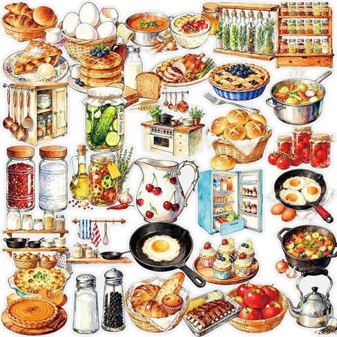 56 pcs Kitchen Food Cooking Clear PET Stickers, Vintage Bakery Bread Fruit Vegetable Transparent Die-Cut Decals, Waterproof Aesthetic Stickers for Journal Planner Scrapbook Recipe Book DIY Decor in Kuwait