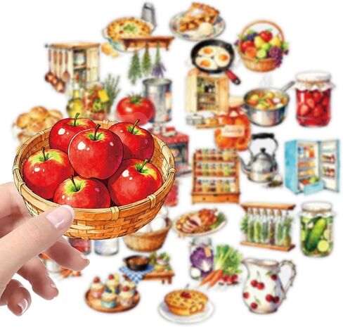 56 pcs Kitchen Food Cooking Clear PET Stickers, Vintage Bakery Bread Fruit Vegetable Transparent Die-Cut Decals, Waterproof Aesthetic Stickers for Journal Planner Scrapbook Recipe Book DIY Decor in Kuwait