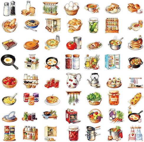 56 pcs Kitchen Food Cooking Clear PET Stickers, Vintage Bakery Bread Fruit Vegetable Transparent Die-Cut Decals, Waterproof Aesthetic Stickers for Journal Planner Scrapbook Recipe Book DIY Decor in Kuwait