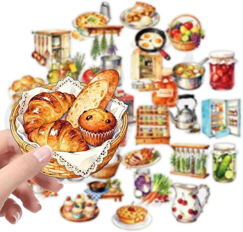 56 pcs Kitchen Food Cooking Clear PET Stickers, Vintage Bakery Bread Fruit Vegetable Transparent Die-Cut Decals, Waterproof Aesthetic Stickers for Journal Planner Scrapbook Recipe Book DIY Decor in Kuwait
