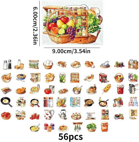 56 pcs Kitchen Food Cooking Clear PET Stickers, Vintage Bakery Bread Fruit Vegetable Transparent Die-Cut Decals, Waterproof Aesthetic Stickers for Journal Planner Scrapbook Recipe Book DIY Decor in Kuwait
