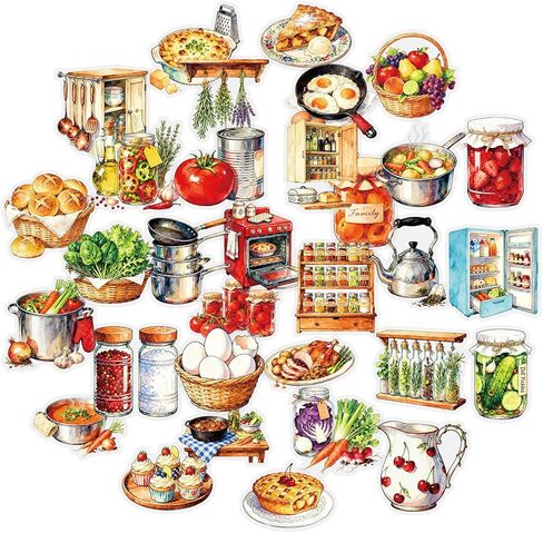 56 pcs Kitchen Food Cooking Clear PET Stickers, Vintage Bakery Bread Fruit Vegetable Transparent Die-Cut Decals, Waterproof Aesthetic Stickers for Journal Planner Scrapbook Recipe Book DIY Decor in Kuwait