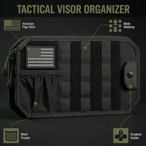 MOLLE Car Sun Visor Organizer with Semi-Rigid Panel, Zipper Storage Pouch & Glasses Holder, Adjustable Straps for Police Gear, Overland Accessories, Fits Most Cars, Trucks, SUVs, Jeeps,Pickups in Kuwait