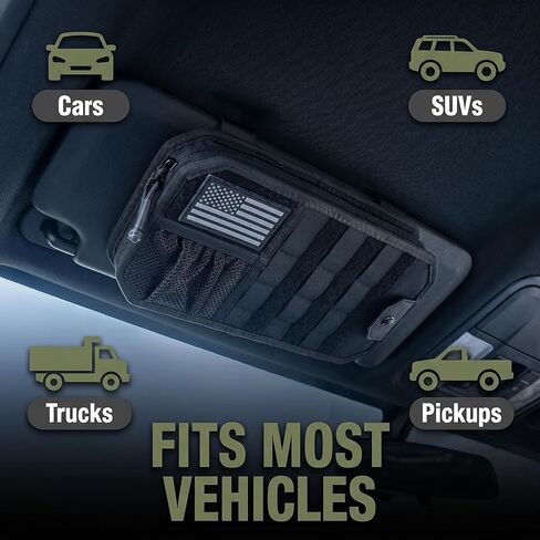 MOLLE Car Sun Visor Organizer with Semi-Rigid Panel, Zipper Storage Pouch & Glasses Holder, Adjustable Straps for Police Gear, Overland Accessories, Fits Most Cars, Trucks, SUVs, Jeeps,Pickups in Kuwait