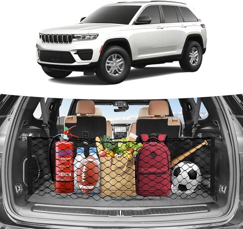 Canvcle Trunk Cargo Net لـ 2021-2026 Jeep Grand Cherokee L (7 مقاعد) إكسسوارات على شكل مغلف شبكة صندوق السيارة منظم وتخزين شبكة شحن خلفية من النايلون المرن القابل للتعديل مع خطافات in Kuwait