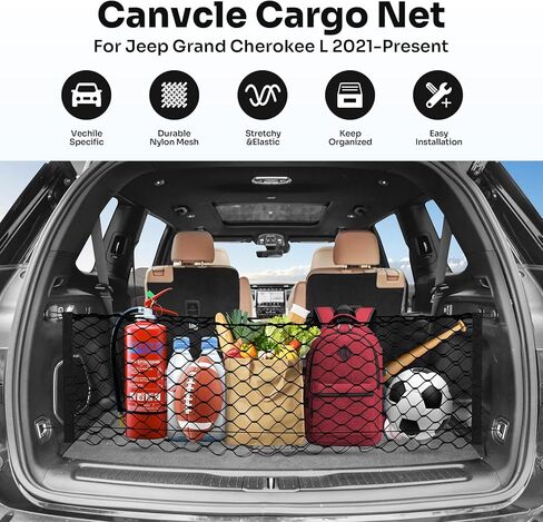 Canvcle Trunk Cargo Net لـ 2021-2026 Jeep Grand Cherokee L (7 مقاعد) إكسسوارات على شكل مغلف شبكة صندوق السيارة منظم وتخزين شبكة شحن خلفية من النايلون المرن القابل للتعديل مع خطافات in Kuwait