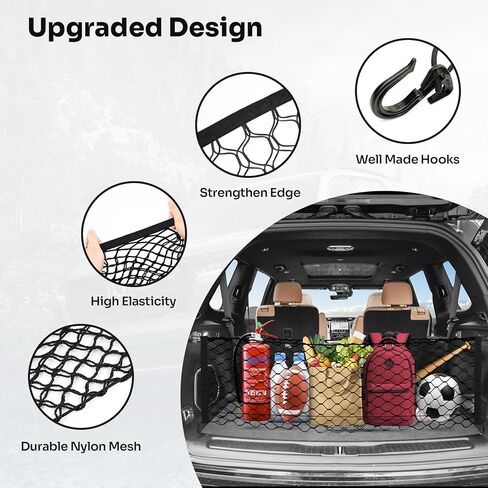 Canvcle Trunk Cargo Net لـ 2021-2026 Jeep Grand Cherokee L (7 مقاعد) إكسسوارات على شكل مغلف شبكة صندوق السيارة منظم وتخزين شبكة شحن خلفية من النايلون المرن القابل للتعديل مع خطافات in Kuwait