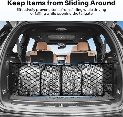 Canvcle Trunk Cargo Net لـ 2021-2026 Jeep Grand Cherokee L (7 مقاعد) إكسسوارات على شكل مغلف شبكة صندوق السيارة منظم وتخزين شبكة شحن خلفية من النايلون المرن القابل للتعديل مع خطافات in Kuwait