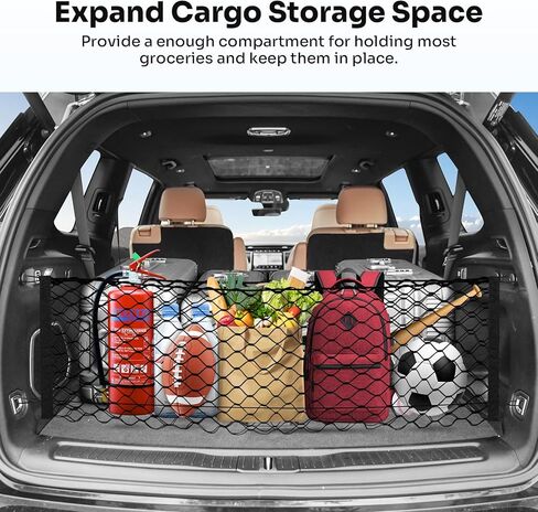 Canvcle Trunk Cargo Net لـ 2021-2026 Jeep Grand Cherokee L (7 مقاعد) إكسسوارات على شكل مغلف شبكة صندوق السيارة منظم وتخزين شبكة شحن خلفية من النايلون المرن القابل للتعديل مع خطافات in Kuwait