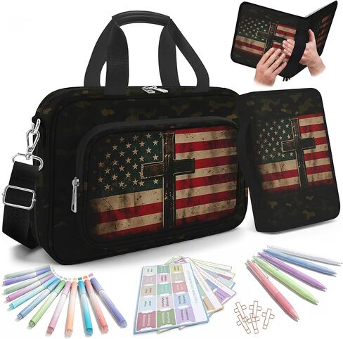 Bible Cover Case for Women with Large Bible Bag, Bible Cover with Journaling Kit & Shoulder Strap, Pens and Highlighters Cross Clips for Bible Study & Church, Christian Gift for Women in Saudi Arabia
