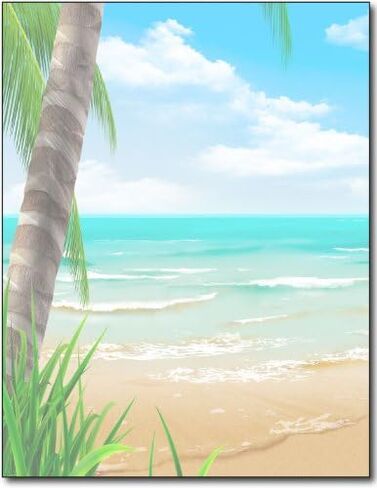 Island Paradise Printable Letterhead Stationery Paper - 50 Sheets 8.5" x 11" Decorative Writing Paper - Tropical Beach Letter Paper - 28lb Bond (105gsm) for Summer Letters Invitations Party Events in Kuwait