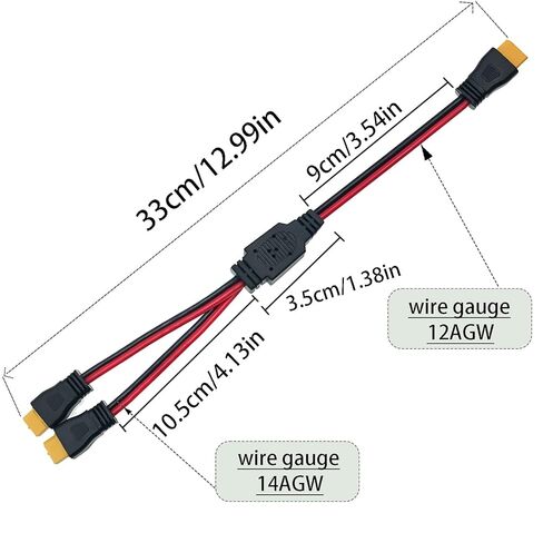 كابل مقسم 12AWG XT60، XT60 1 ذكر إلى 2 أنثى موصل Y مقسم كابل تمديد الطاقة لطائرة RC Car UAV Quadcopter (0.3M/1FT) in Kuwait