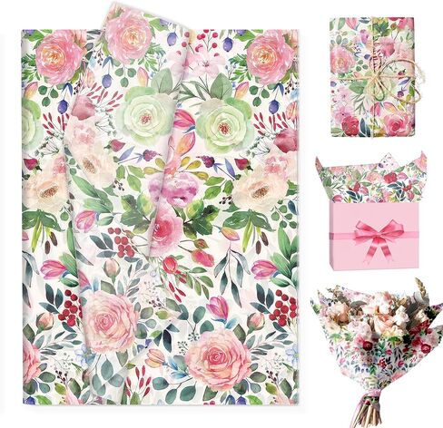 50 Sheets Watercolor Floral Tissue Paper - 20×28 Inches Rose Flower Themed Tissue for Gift Bags, Birthday Parties, Floral Themed Celebrations, DIY Crafts, Gift Wrapping, Flower Bouquet Wrapping in Saudi Arabia
