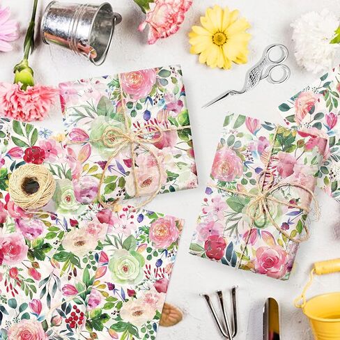 50 Sheets Watercolor Floral Tissue Paper - 20×28 Inches Rose Flower Themed Tissue for Gift Bags, Birthday Parties, Floral Themed Celebrations, DIY Crafts, Gift Wrapping, Flower Bouquet Wrapping in Saudi Arabia