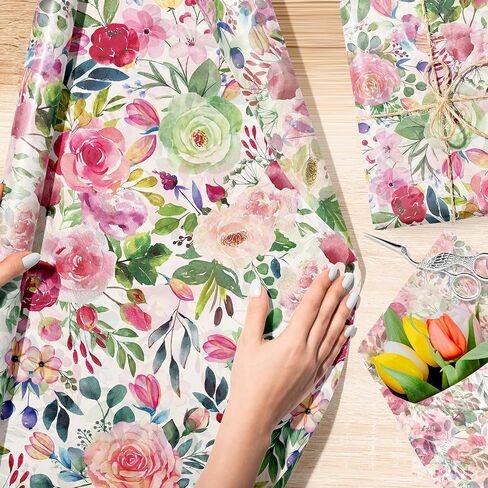 50 Sheets Watercolor Floral Tissue Paper - 20×28 Inches Rose Flower Themed Tissue for Gift Bags, Birthday Parties, Floral Themed Celebrations, DIY Crafts, Gift Wrapping, Flower Bouquet Wrapping in Saudi Arabia