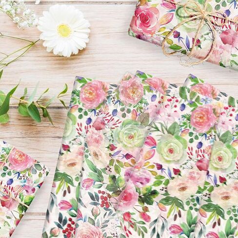 50 Sheets Watercolor Floral Tissue Paper - 20×28 Inches Rose Flower Themed Tissue for Gift Bags, Birthday Parties, Floral Themed Celebrations, DIY Crafts, Gift Wrapping, Flower Bouquet Wrapping in Saudi Arabia